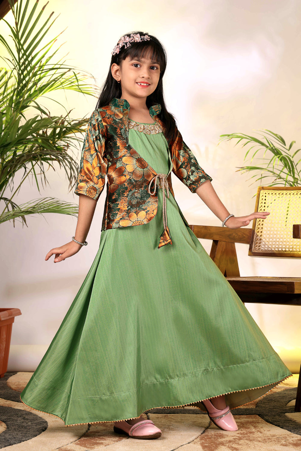 Girls Ethnic Gown with Designer Koti Jacket – Kids Festive Wear Dress | Party Wear Lehenga Style Gown for Girls