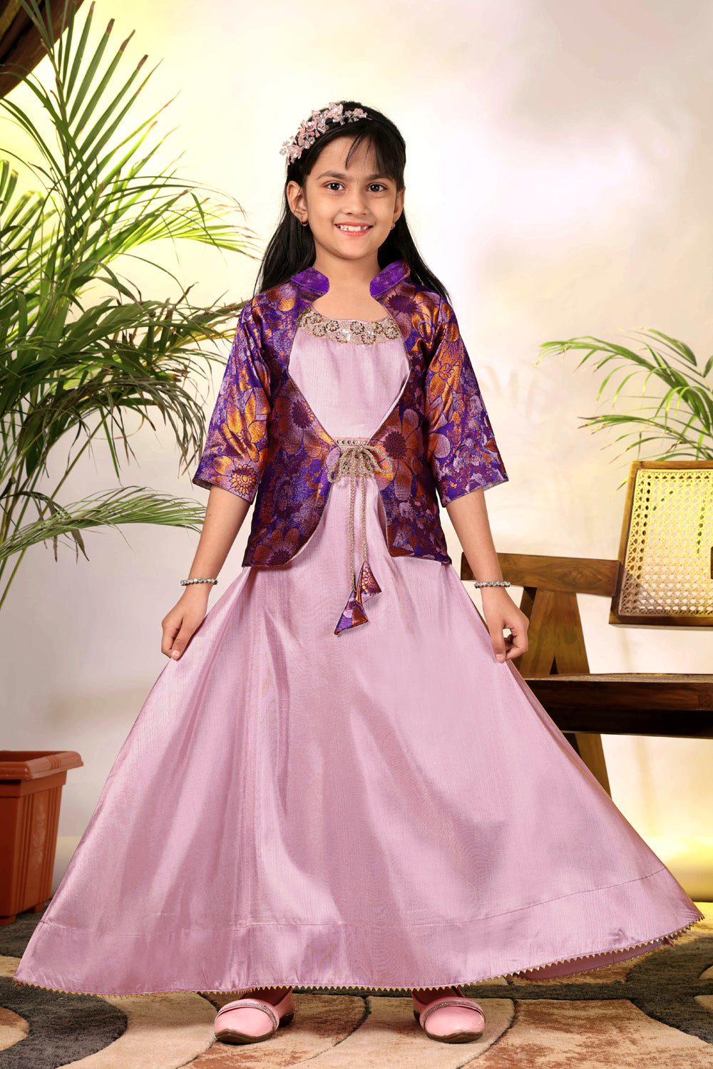 Girls Ethnic Gown with Designer Koti Jacket – Kids Festive Wear Dress | Party Wear Lehenga Style Gown for Girls