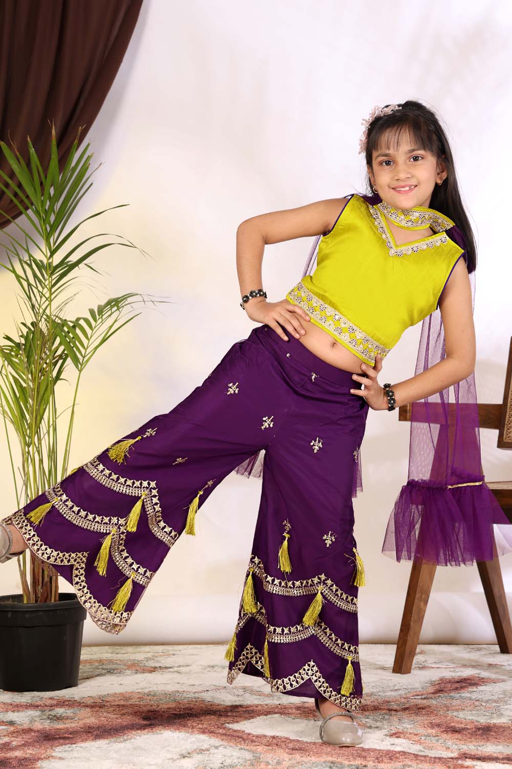 Girls Indo Western Palazzo Set with Tassel Detail & Dupatta