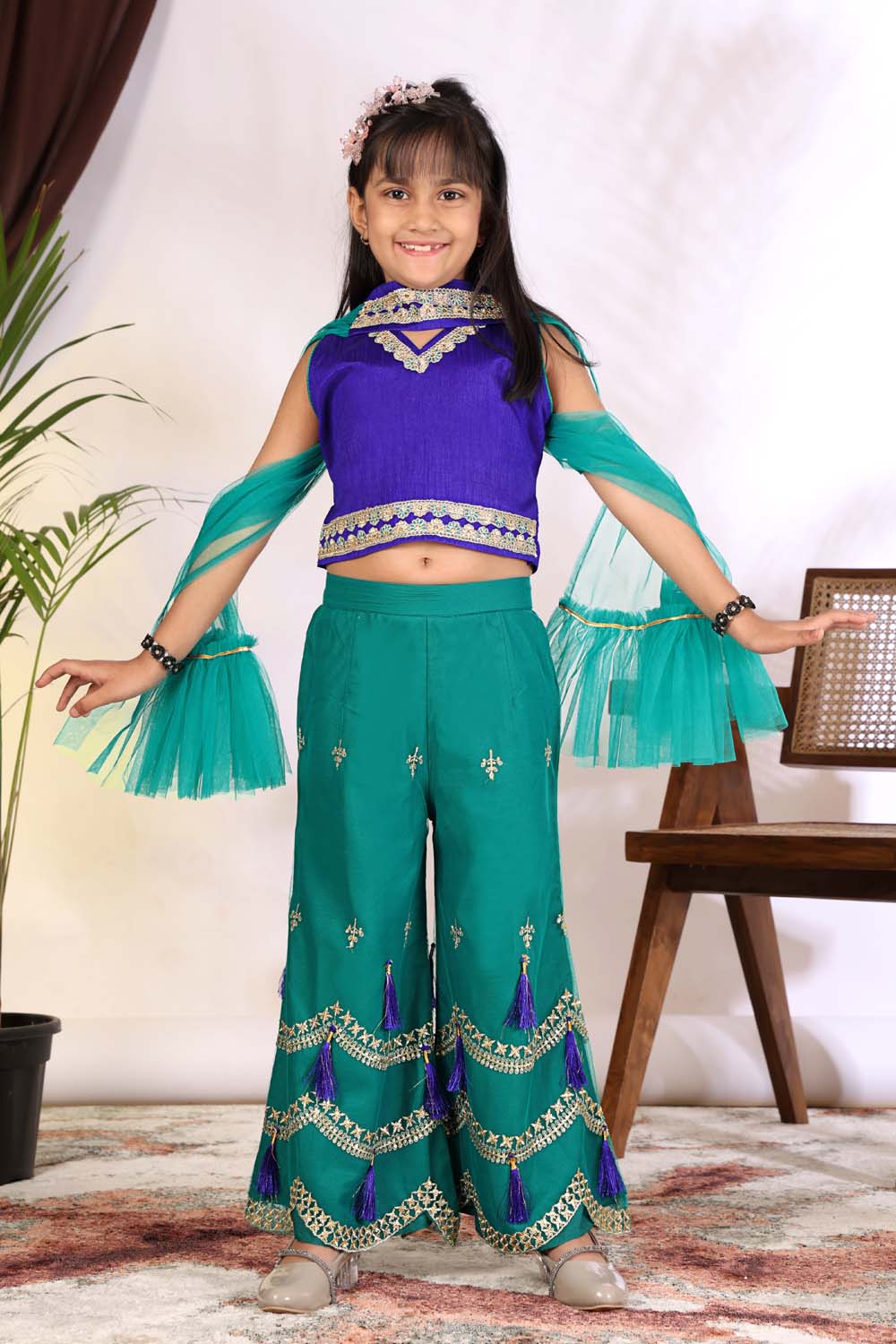 Girls Indo Western Palazzo Set with Tassel Detail & Dupatta