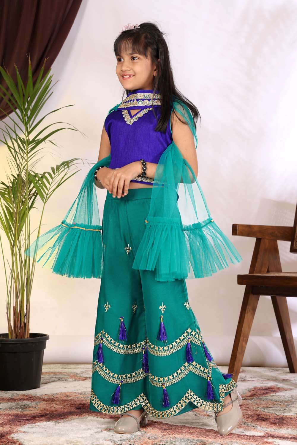 Girls Indo Western Palazzo Set with Tassel Detail & Dupatta