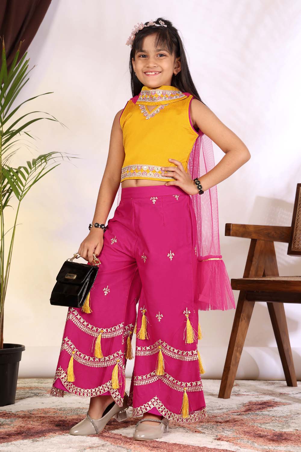 Girls Indo Western Palazzo Set with Tassel Detail & Dupatta