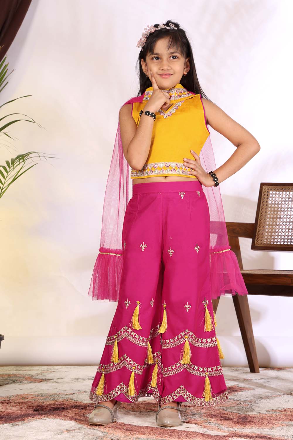 Girls Indo Western Palazzo Set with Tassel Detail & Dupatta
