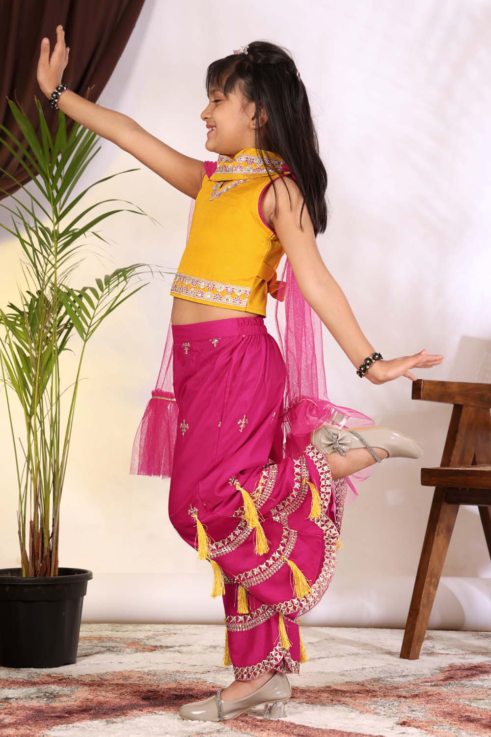 Girls Indo Western Palazzo Set with Tassel Detail & Dupatta