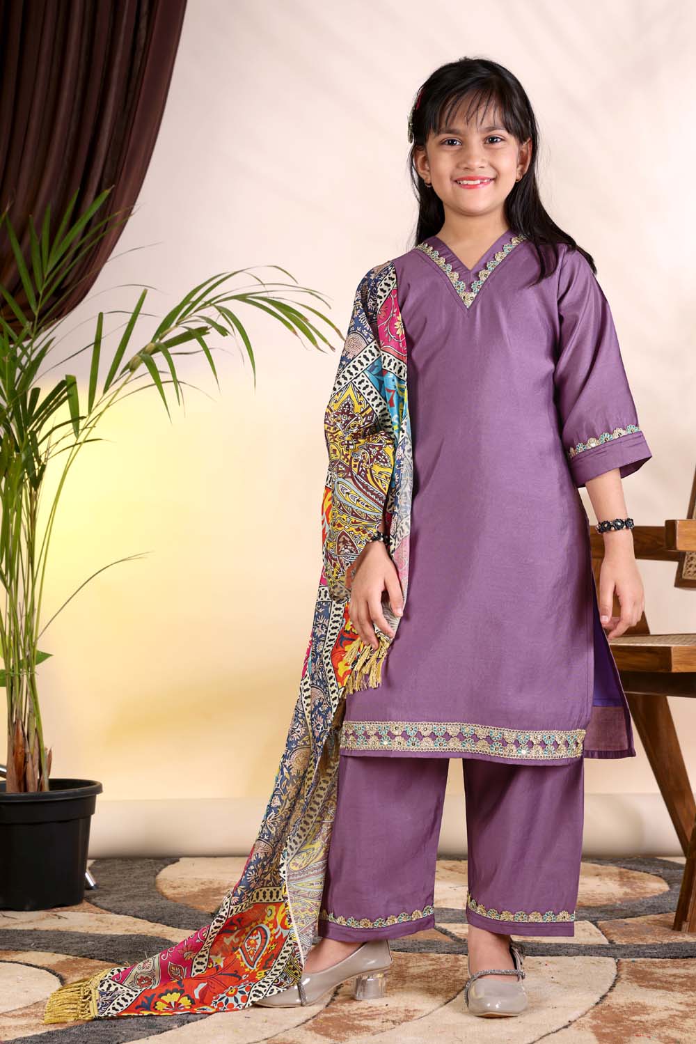 Girls Kurta Palazzo Set with Printed Dupatta – Kids Ethnic Wear Suit | Festive & Party Wear Dress for Girls