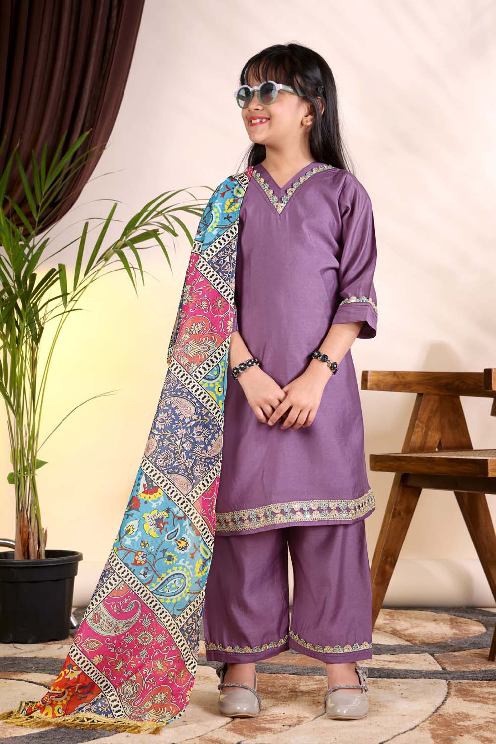 Girls Kurta Palazzo Set with Printed Dupatta – Kids Ethnic Wear Suit | Festive & Party Wear Dress for Girls