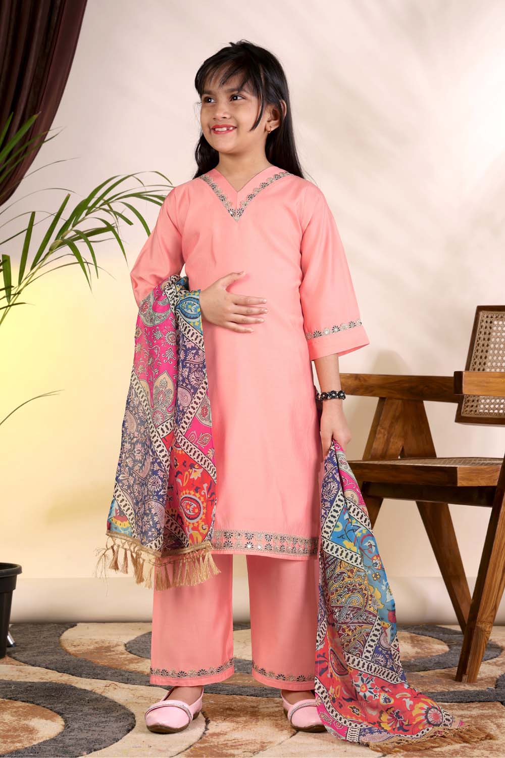 Girls Kurta Palazzo Set with Printed Dupatta – Kids Ethnic Wear Suit | Festive & Party Wear Dress for Girls
