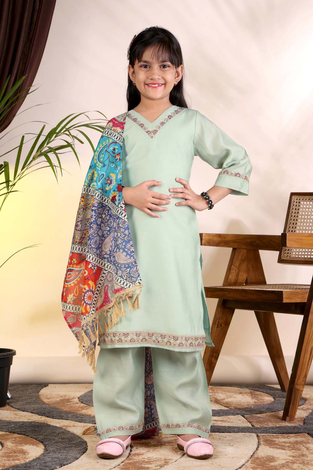 Girls Kurta Palazzo Set with Printed Dupatta – Kids Ethnic Wear Suit | Festive & Party Wear Dress for Girls