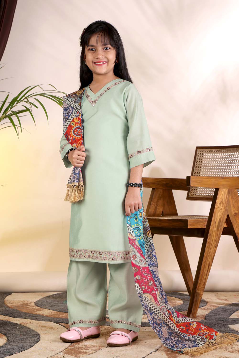 Girls Kurta Palazzo Set with Printed Dupatta – Kids Ethnic Wear Suit | Festive & Party Wear Dress for Girls