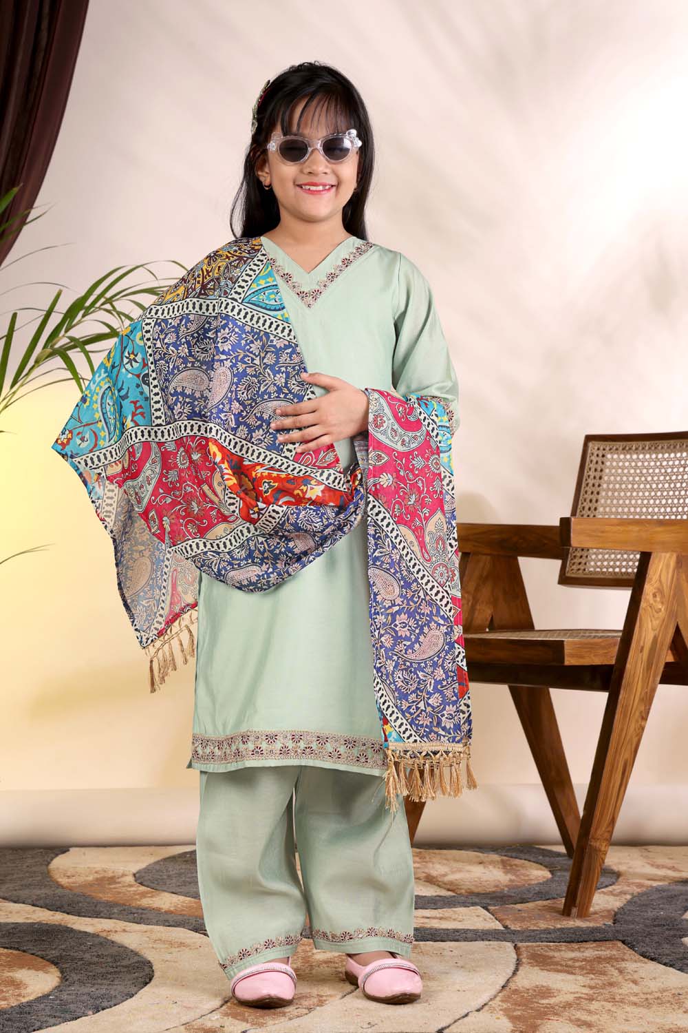 Girls Kurta Palazzo Set with Printed Dupatta – Kids Ethnic Wear Suit | Festive & Party Wear Dress for Girls