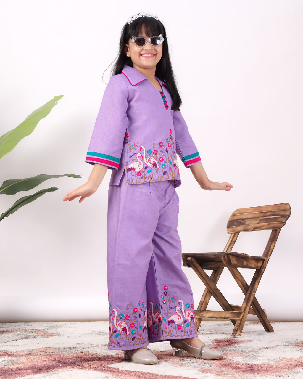 Girls Flamingo Embroidered Co-Ord Set with Wide Leg Pants | Premium Kids Ethnic Wear