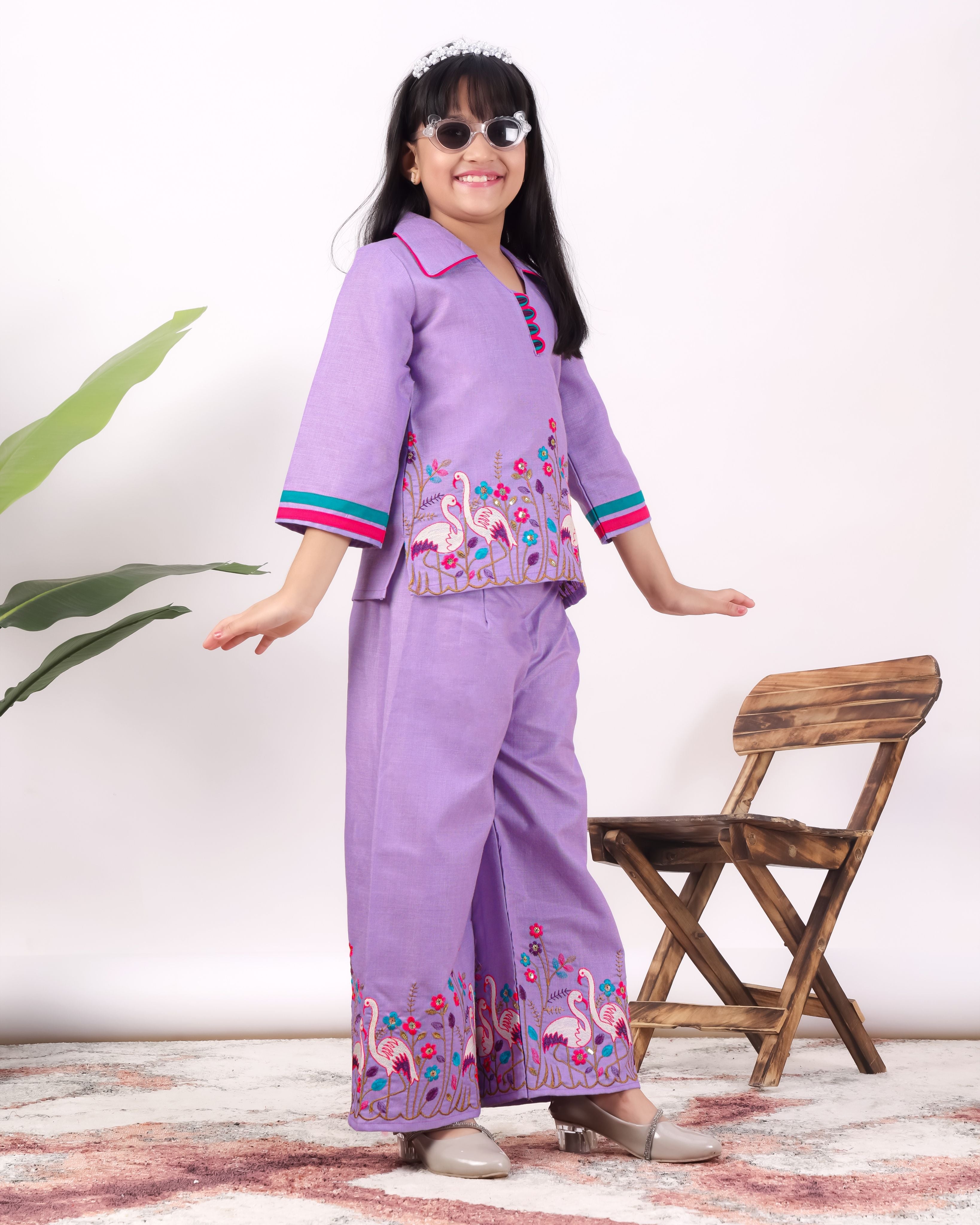 Girls Flamingo Embroidered Co-Ord Set with Wide Leg Pants | Premium Kids Ethnic Wear