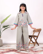 Girls Flamingo Embroidered Co-Ord Set with Wide Leg Pants | Premium Kids Ethnic Wear