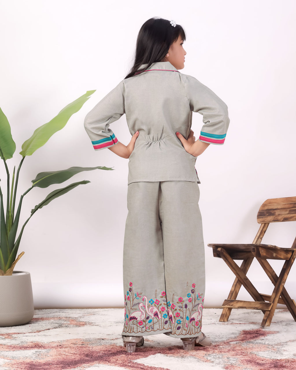 Girls Flamingo Embroidered Co-Ord Set with Wide Leg Pants | Premium Kids Ethnic Wear