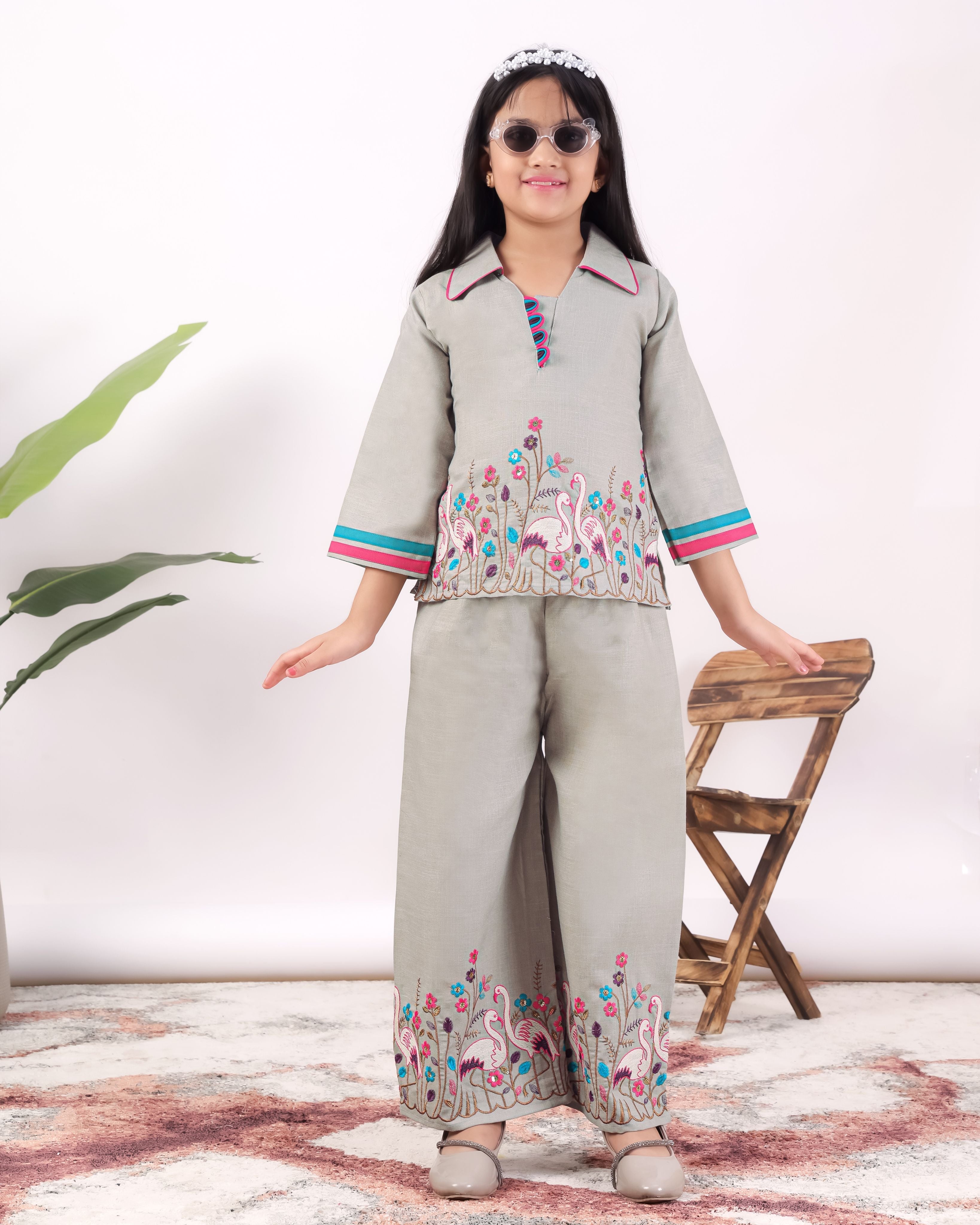 Girls Flamingo Embroidered Co-Ord Set with Wide Leg Pants | Premium Kids Ethnic Wear