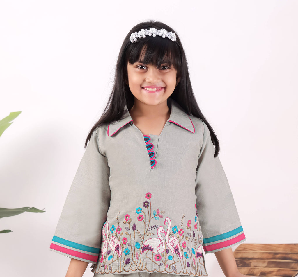 Girls Flamingo Embroidered Co-Ord Set with Wide Leg Pants | Premium Kids Ethnic Wear
