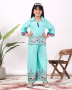 Girls Flamingo Embroidered Co-Ord Set with Wide Leg Pants | Premium Kids Ethnic Wear