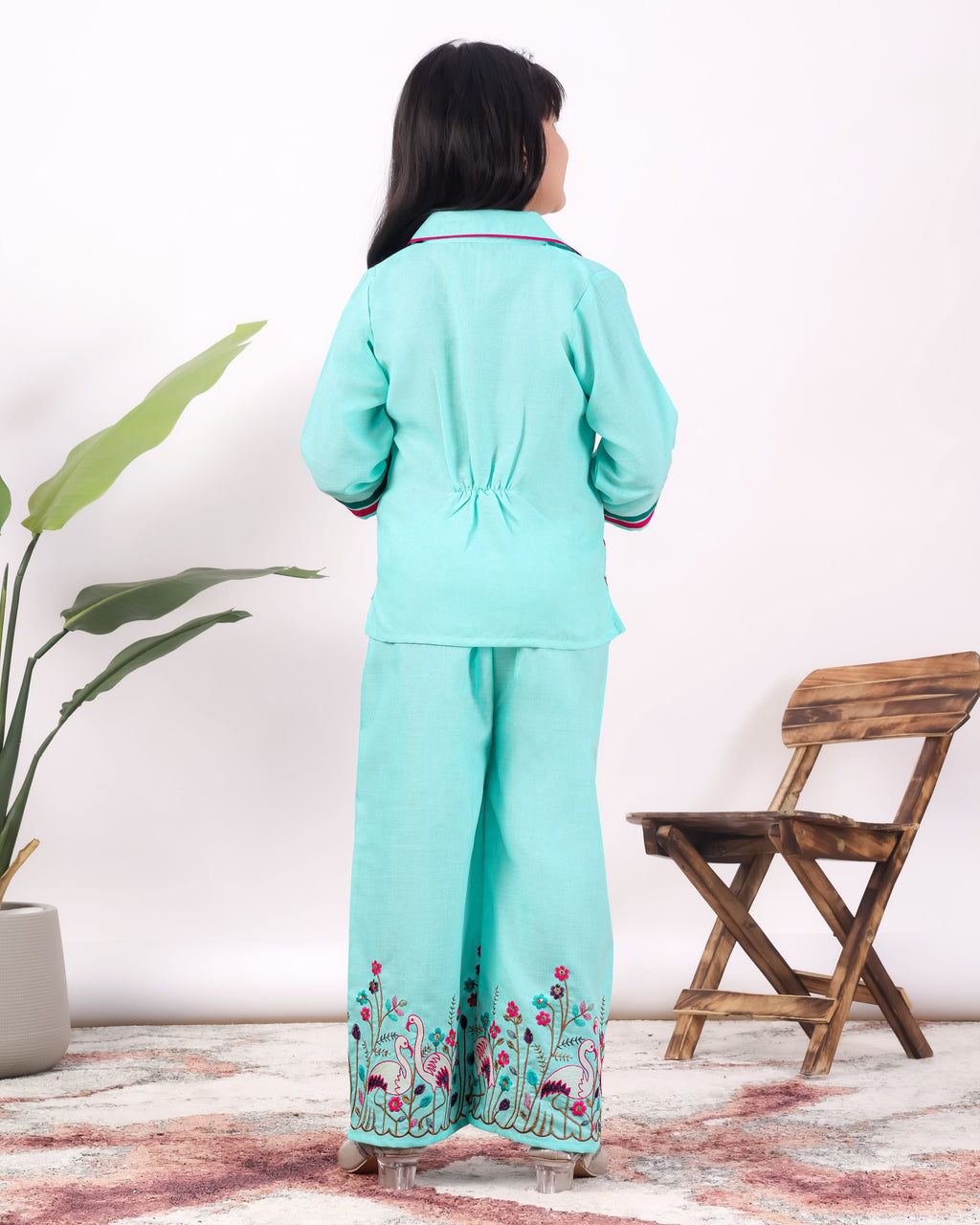 Girls Flamingo Embroidered Co-Ord Set with Wide Leg Pants | Premium Kids Ethnic Wear
