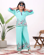 Girls Flamingo Embroidered Co-Ord Set with Wide Leg Pants | Premium Kids Ethnic Wear