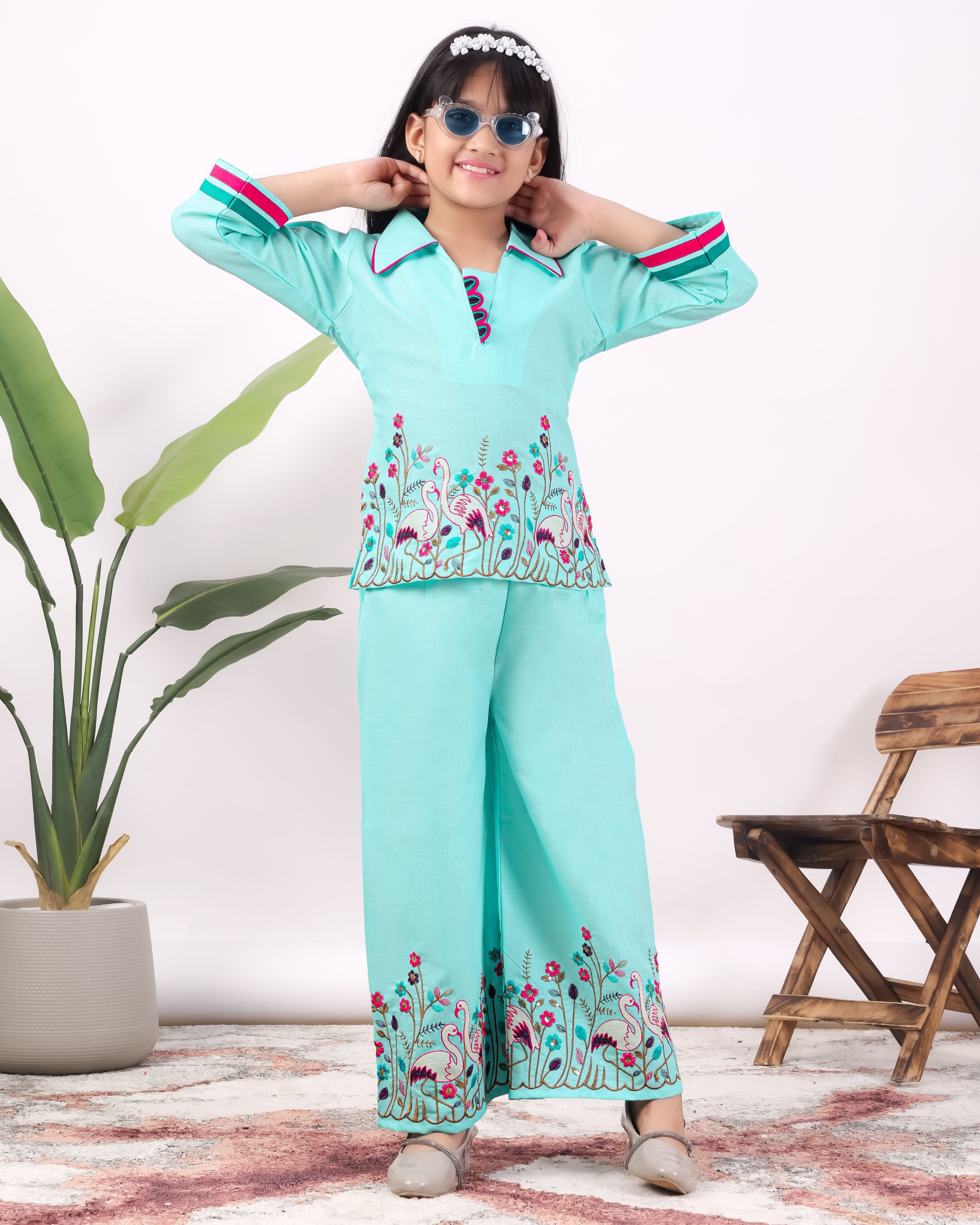 Girls Flamingo Embroidered Co-Ord Set with Wide Leg Pants | Premium Kids Ethnic Wear