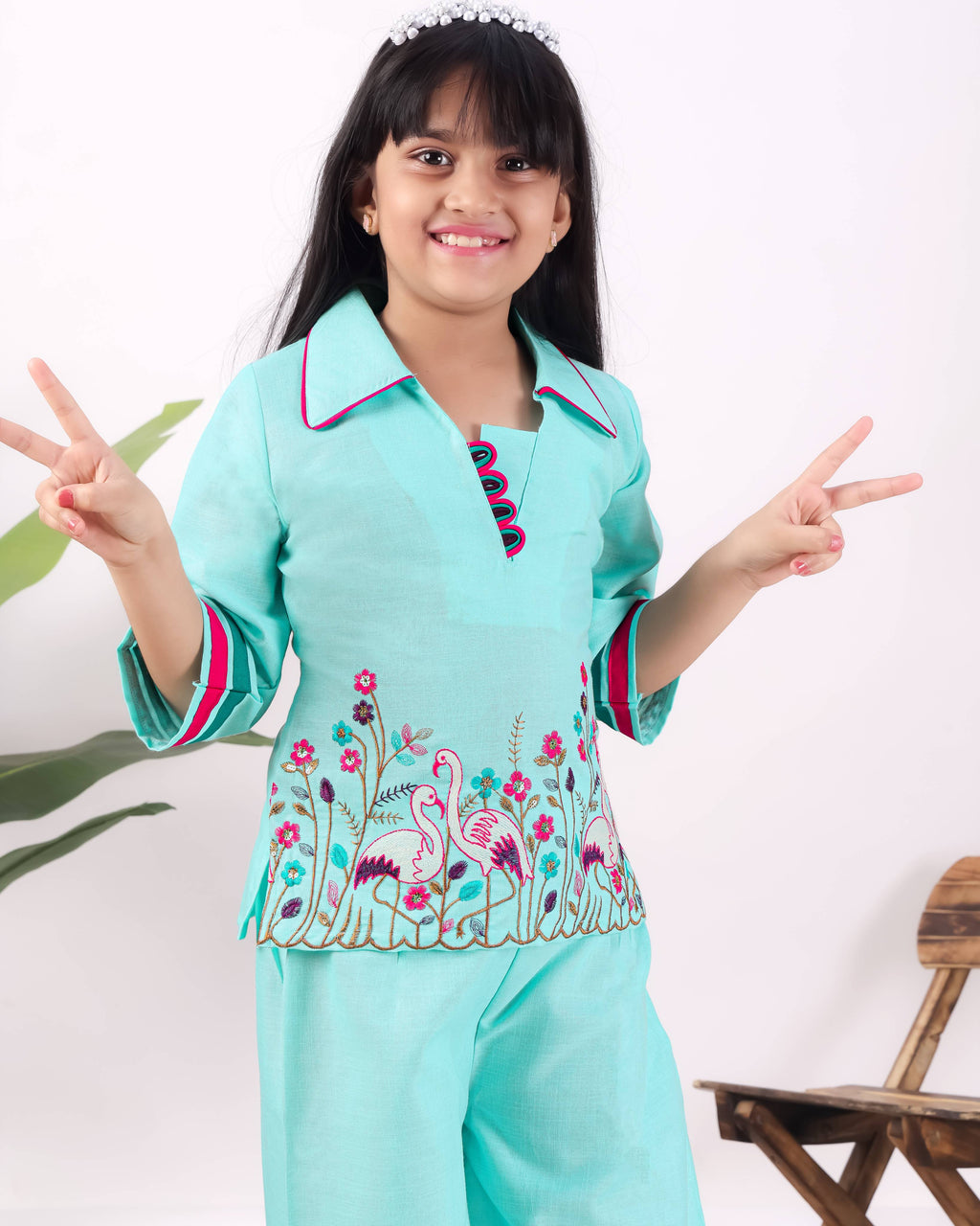 Girls Flamingo Embroidered Co-Ord Set with Wide Leg Pants | Premium Kids Ethnic Wear
