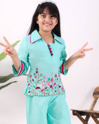 Girls Flamingo Embroidered Co-Ord Set with Wide Leg Pants | Premium Kids Ethnic Wear