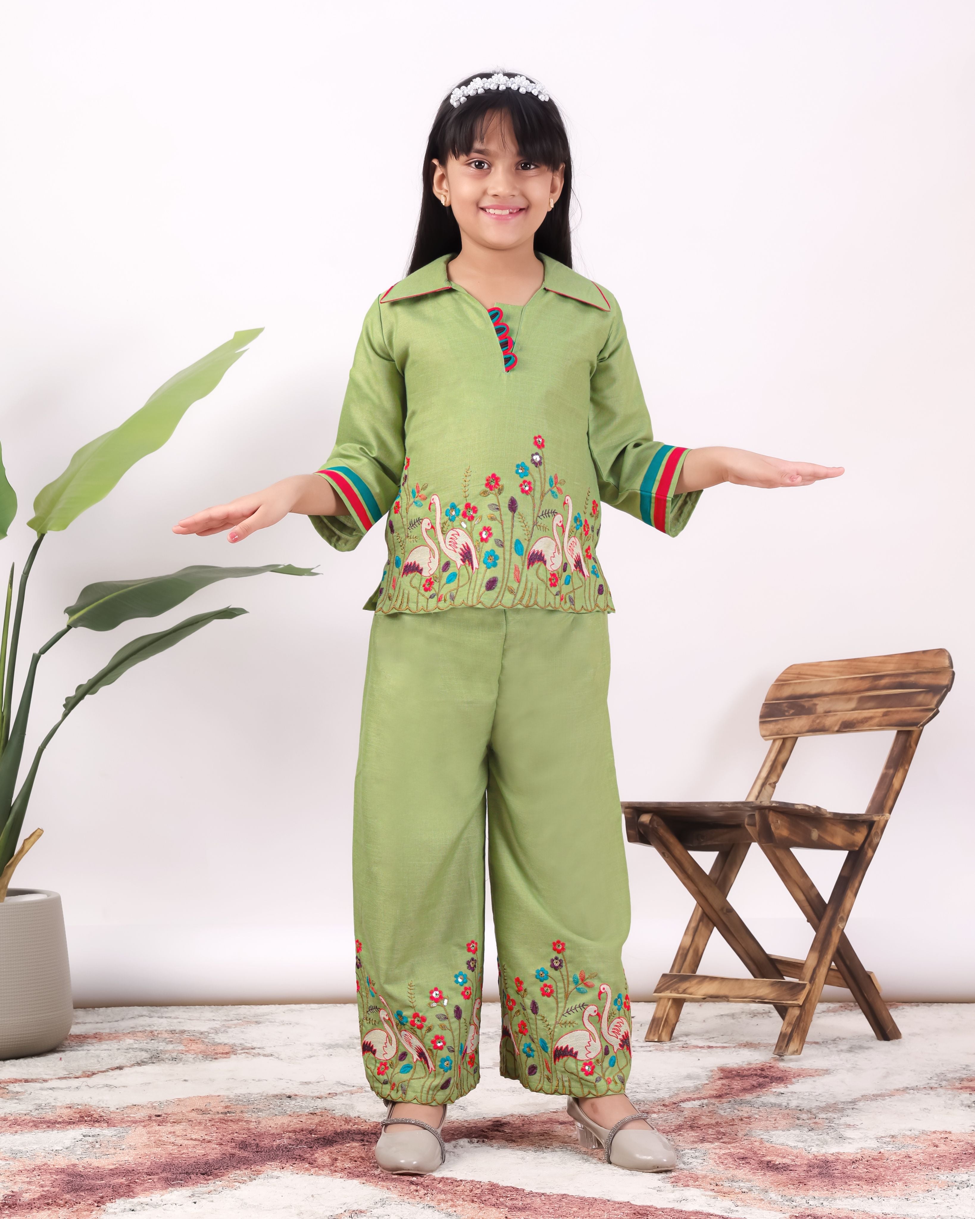 Girls Flamingo Embroidered Co-Ord Set with Wide Leg Pants | Premium Kids Ethnic Wear