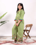 Girls Flamingo Embroidered Co-Ord Set with Wide Leg Pants | Premium Kids Ethnic Wear