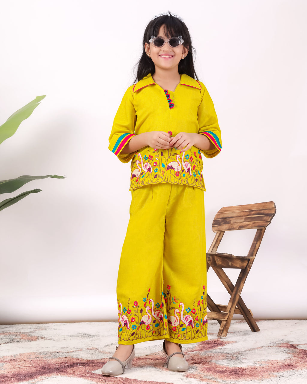 Girls Flamingo Embroidered Co-Ord Set with Wide Leg Pants | Premium Kids Ethnic Wear