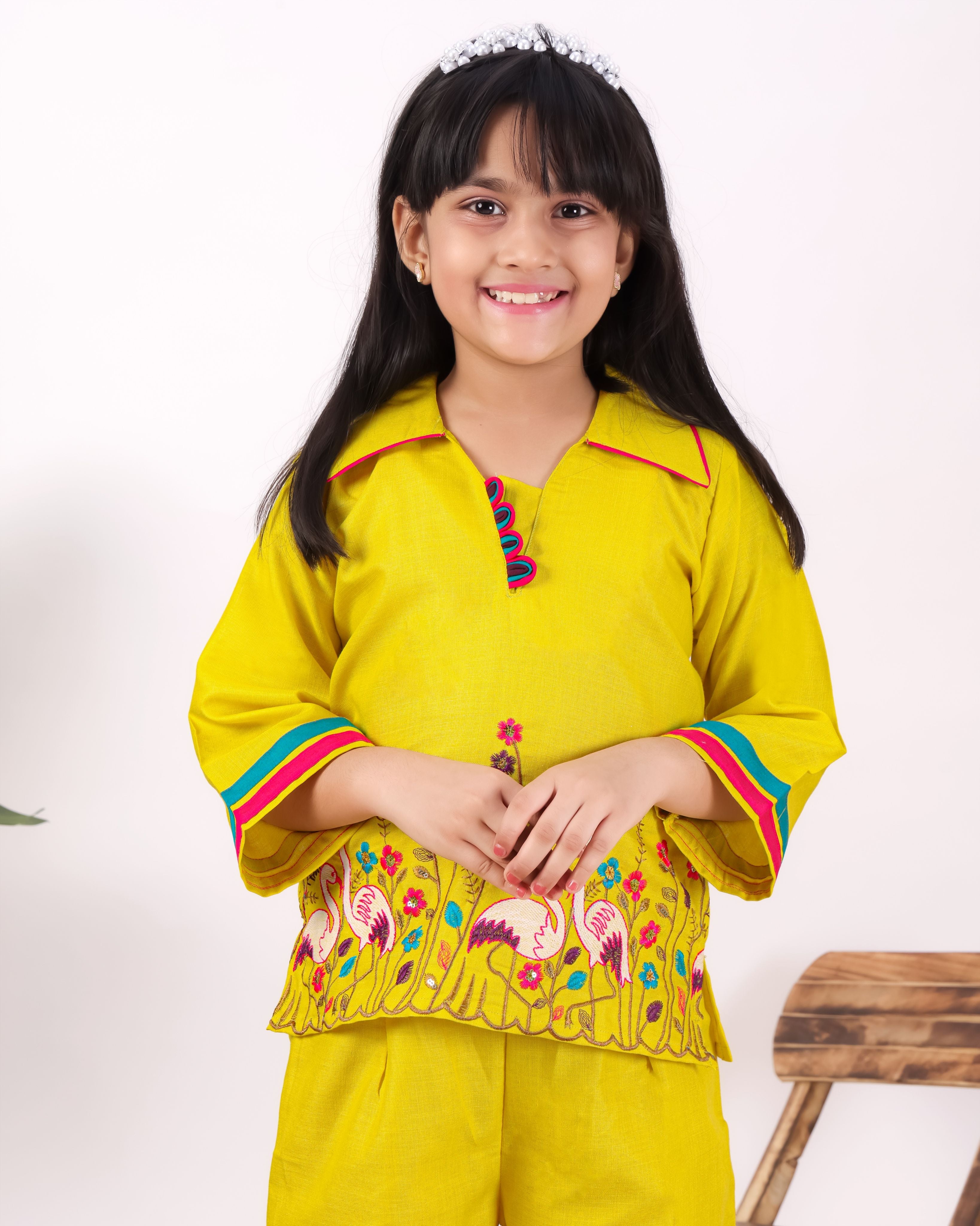 Girls Flamingo Embroidered Co-Ord Set with Wide Leg Pants | Premium Kids Ethnic Wear