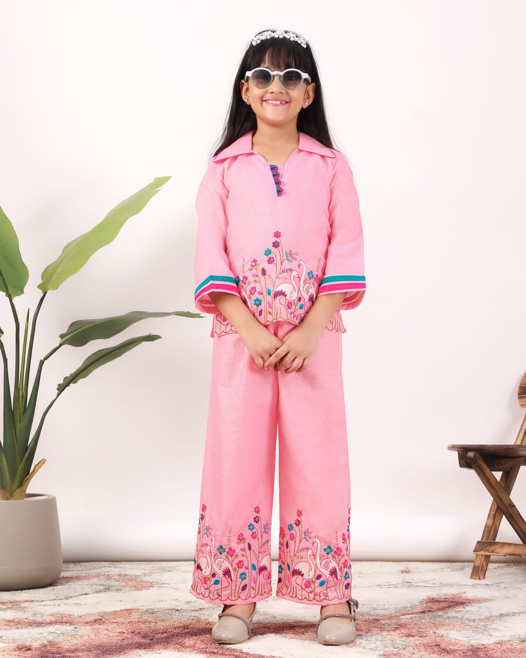 Girls Flamingo Embroidered Co-Ord Set with Wide Leg Pants | Premium Kids Ethnic Wear