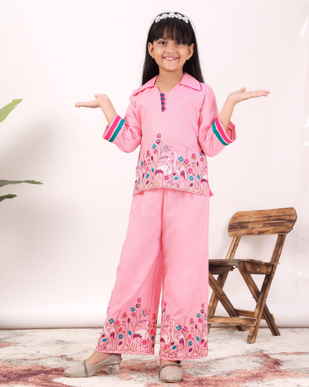 Girls Flamingo Embroidered Co-Ord Set with Wide Leg Pants | Premium Kids Ethnic Wear