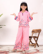 Girls Flamingo Embroidered Co-Ord Set with Wide Leg Pants | Premium Kids Ethnic Wear