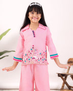 Girls Flamingo Embroidered Co-Ord Set with Wide Leg Pants | Premium Kids Ethnic Wear