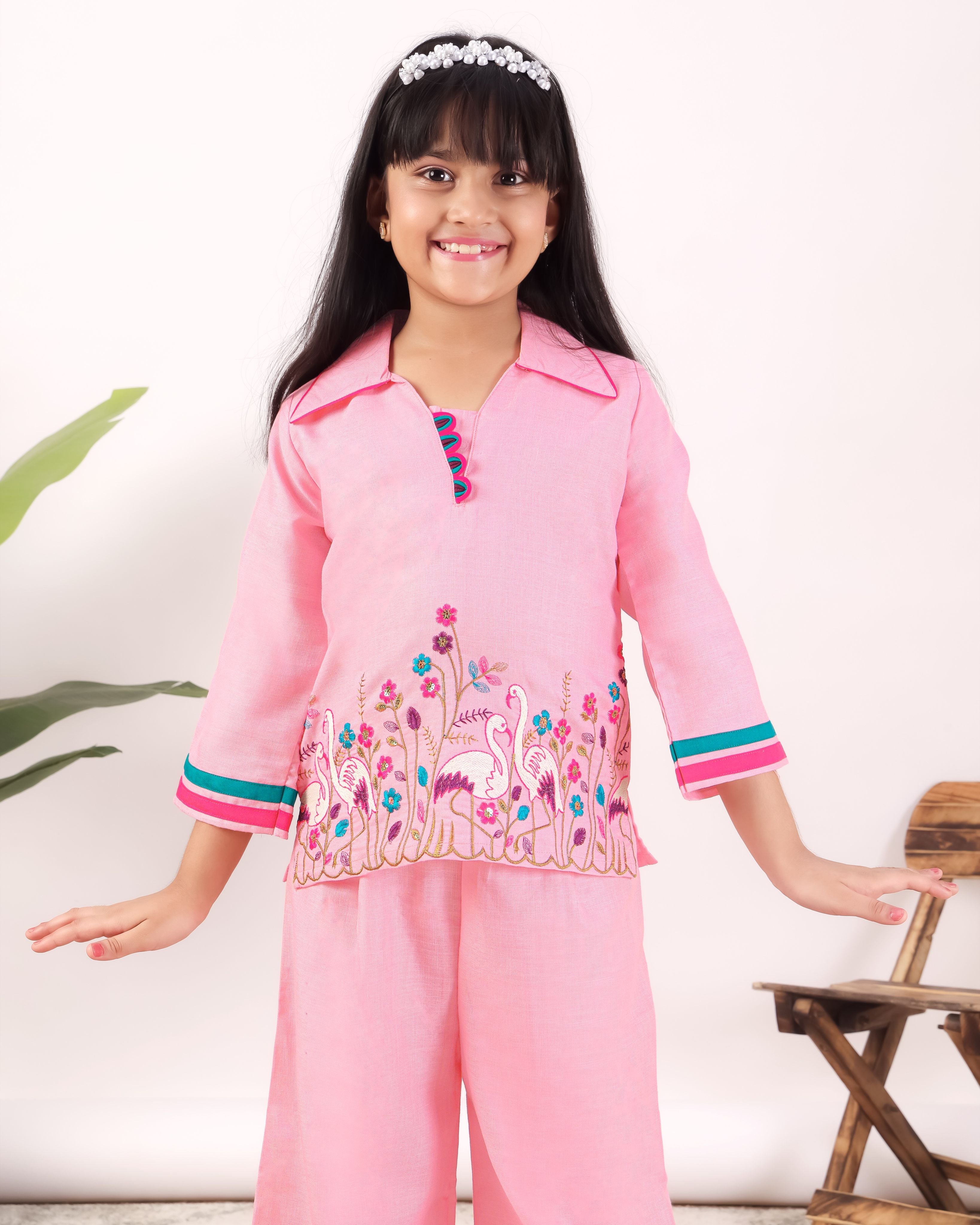 Girls Flamingo Embroidered Co-Ord Set with Wide Leg Pants | Premium Kids Ethnic Wear