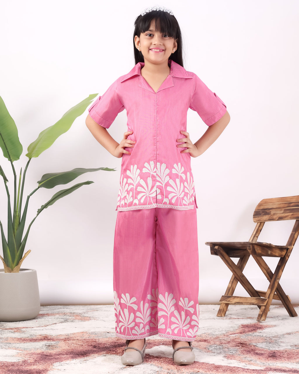 Girls Embroidered Co-Ord Set with Wide Leg Pants | Premium Party & Festive Wear for Kids