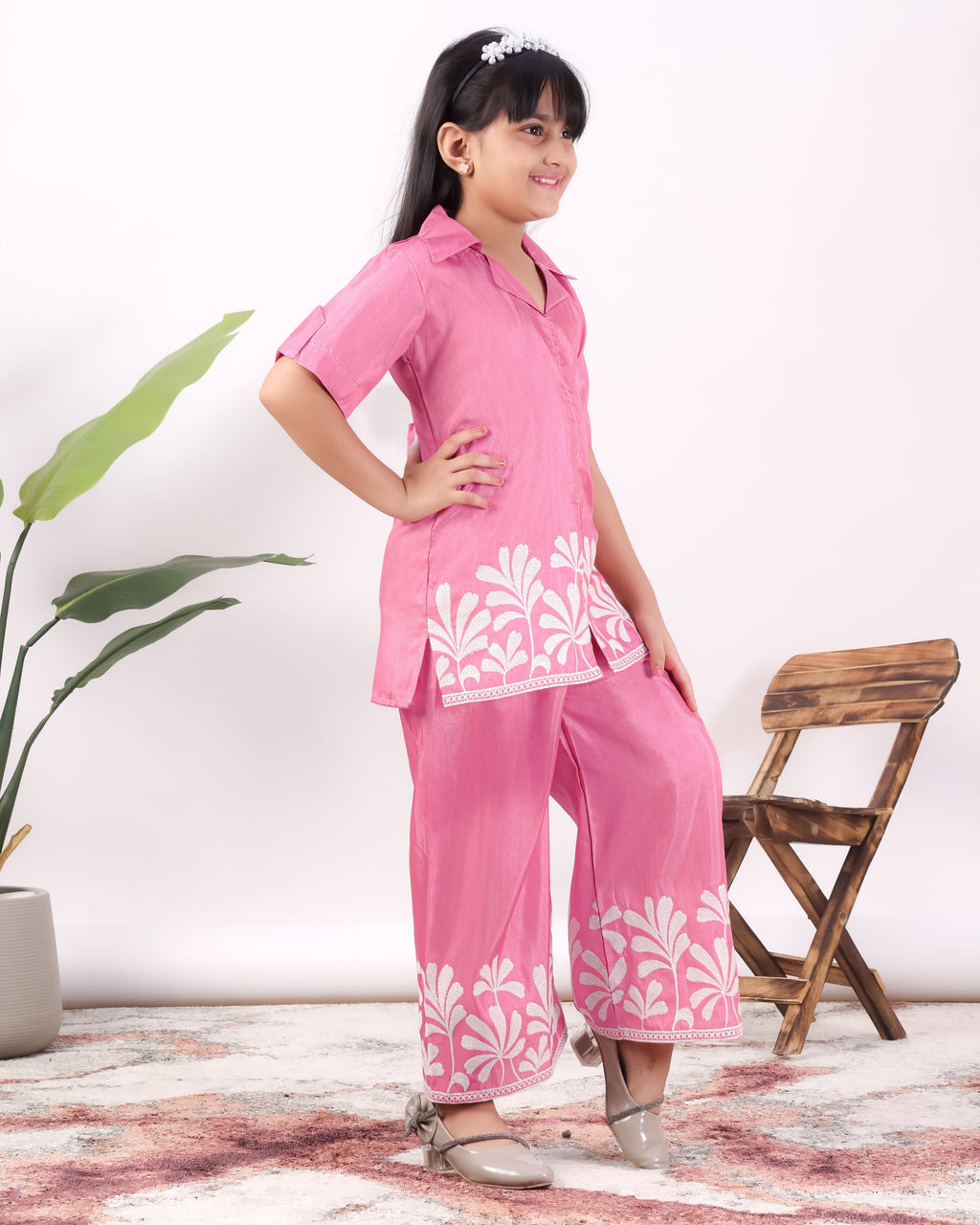 Girls Embroidered Co-Ord Set with Wide Leg Pants | Premium Party & Festive Wear for Kids