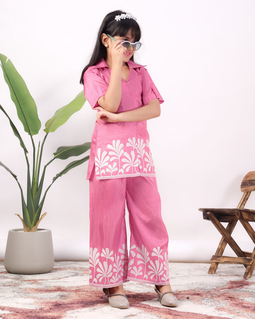 Girls Embroidered Co-Ord Set with Wide Leg Pants | Premium Party & Festive Wear for Kids