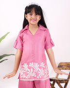 Girls Embroidered Co-Ord Set with Wide Leg Pants | Premium Party & Festive Wear for Kids