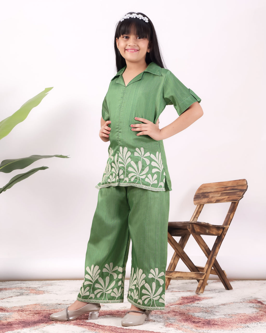 Girls Embroidered Co-Ord Set with Wide Leg Pants | Premium Party & Festive Wear for Kids