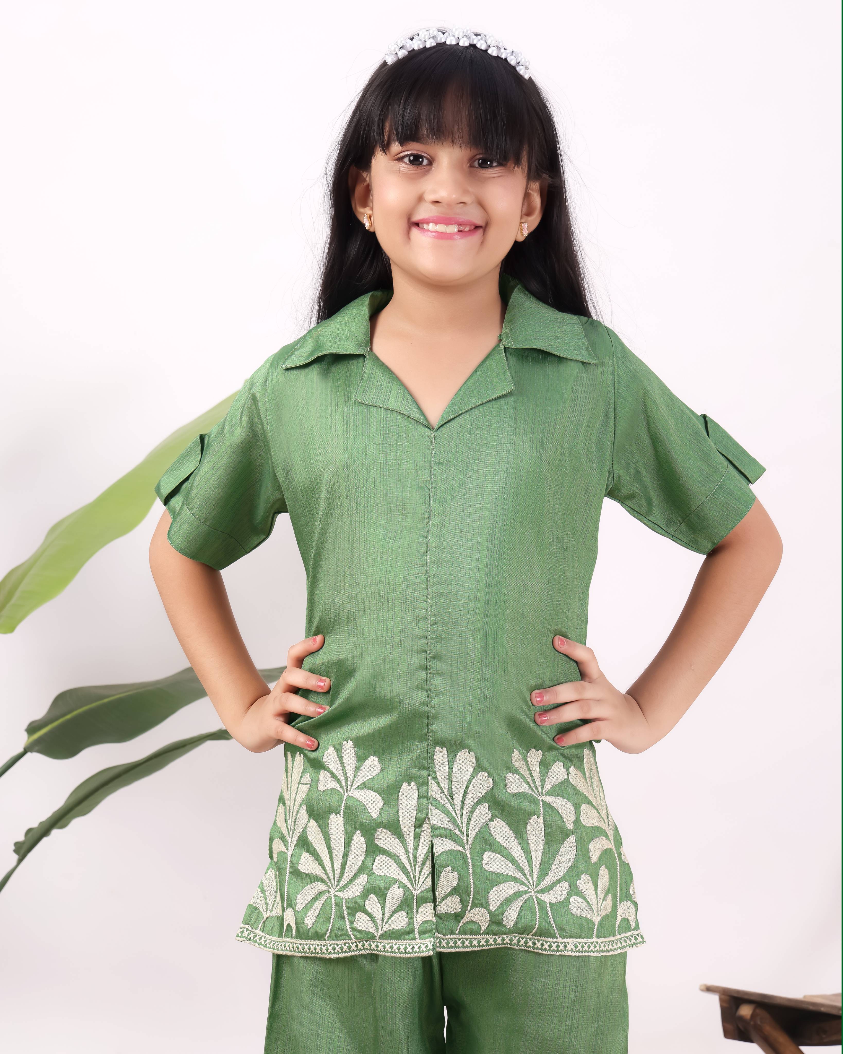 Girls Embroidered Co-Ord Set with Wide Leg Pants | Premium Party & Festive Wear for Kids