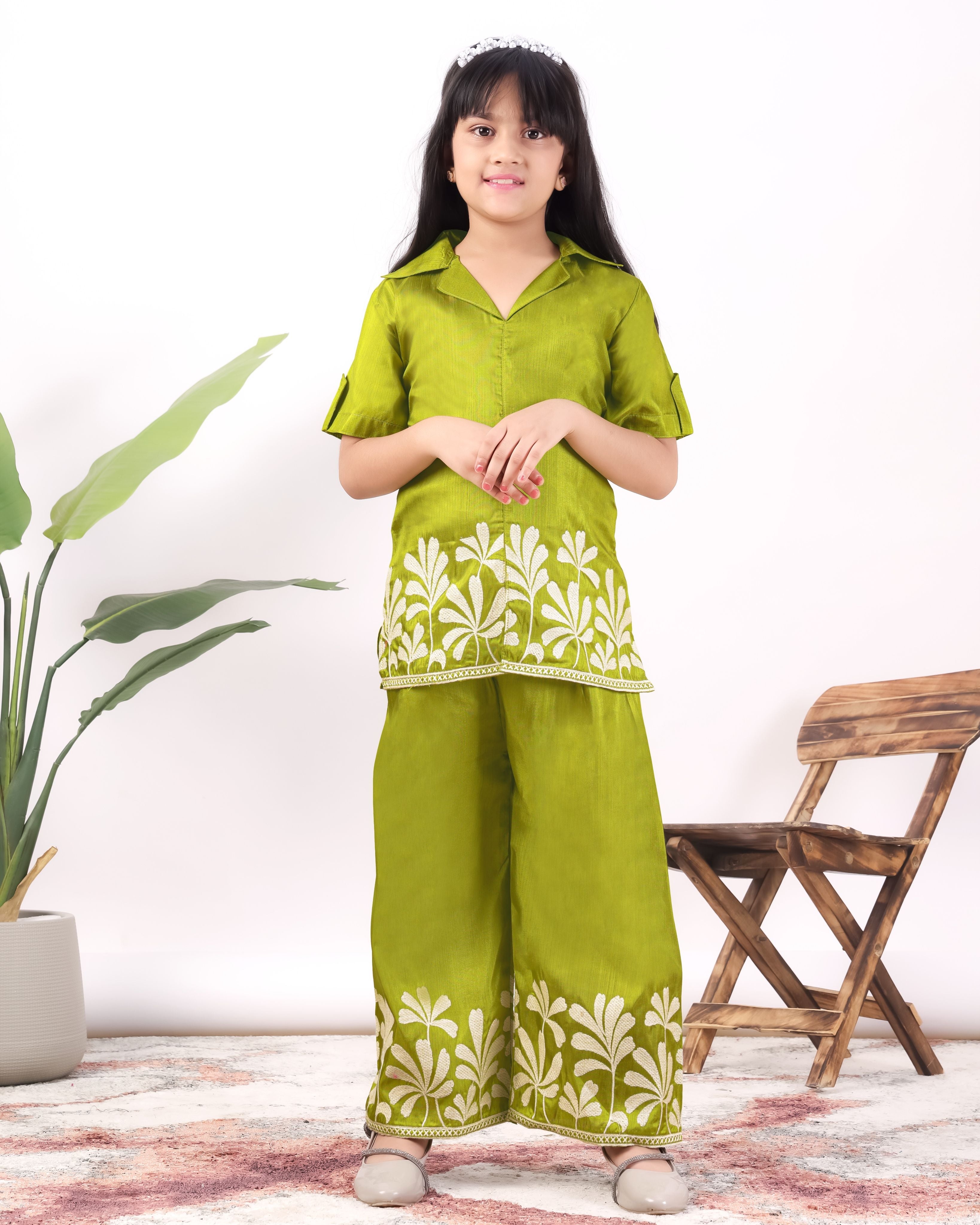 Girls Embroidered Co-Ord Set with Wide Leg Pants | Premium Party & Festive Wear for Kids