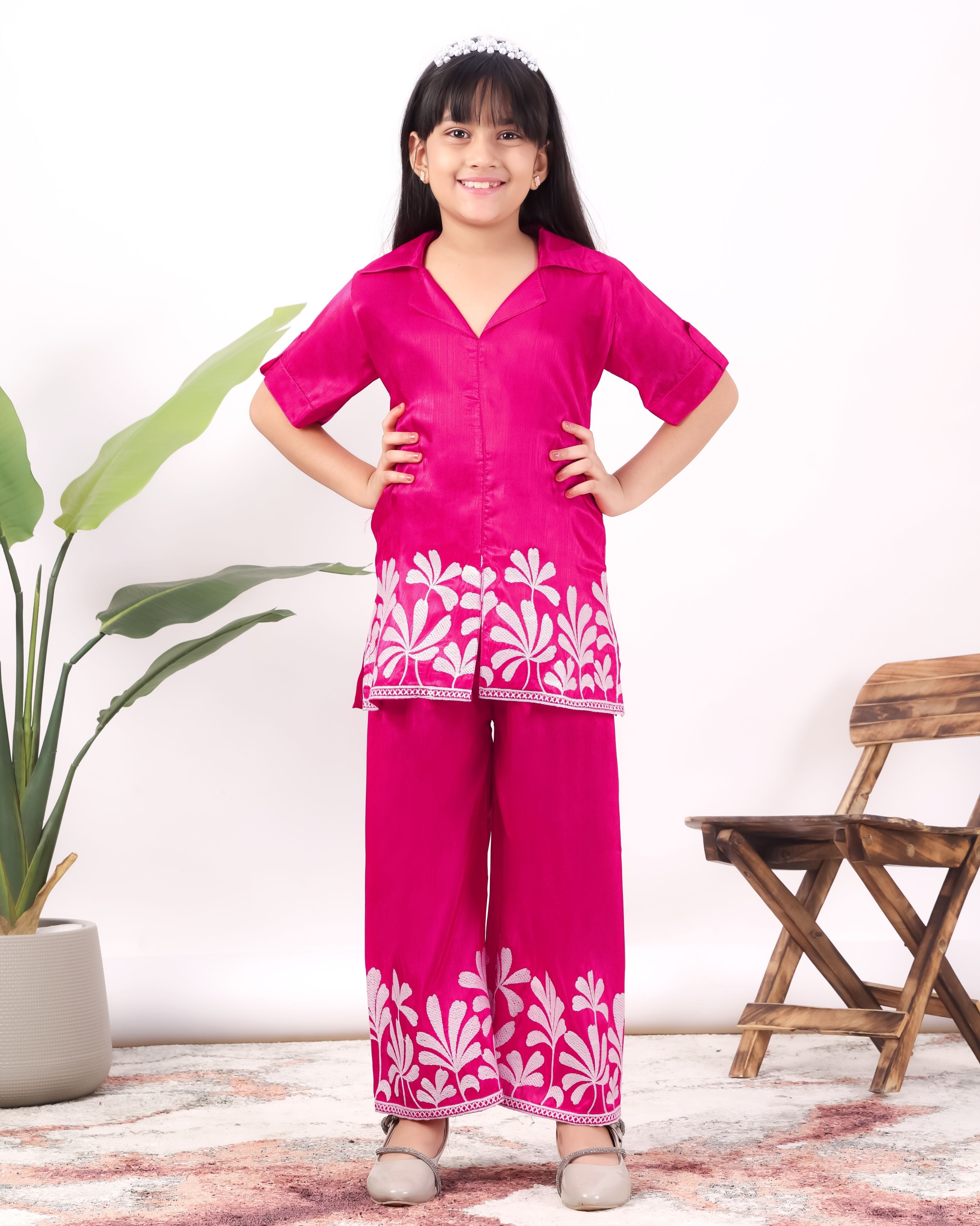 Girls Embroidered Co-Ord Set with Wide Leg Pants | Premium Party & Festive Wear for Kids