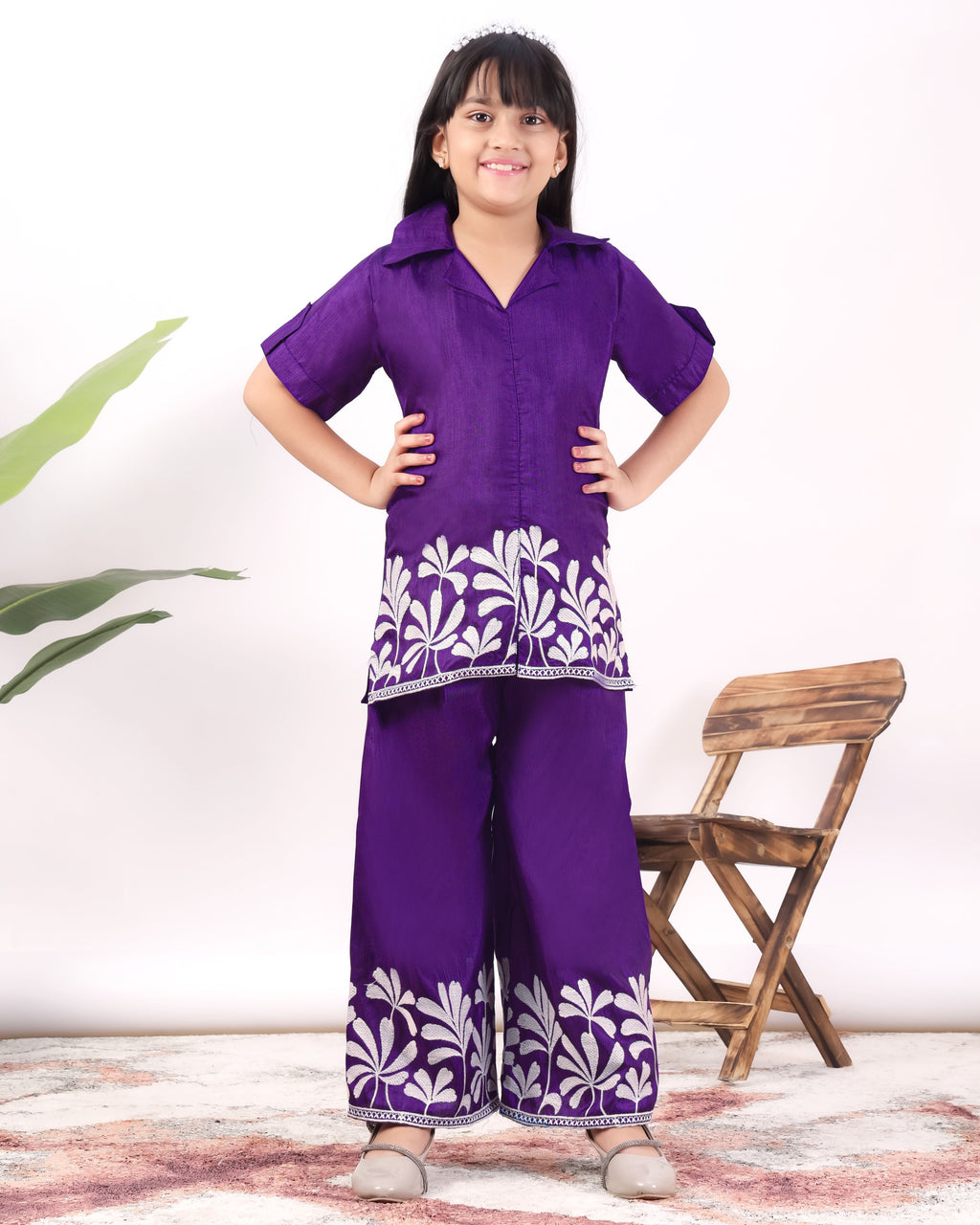 Girls Embroidered Co-Ord Set with Wide Leg Pants | Premium Party & Festive Wear for Kids