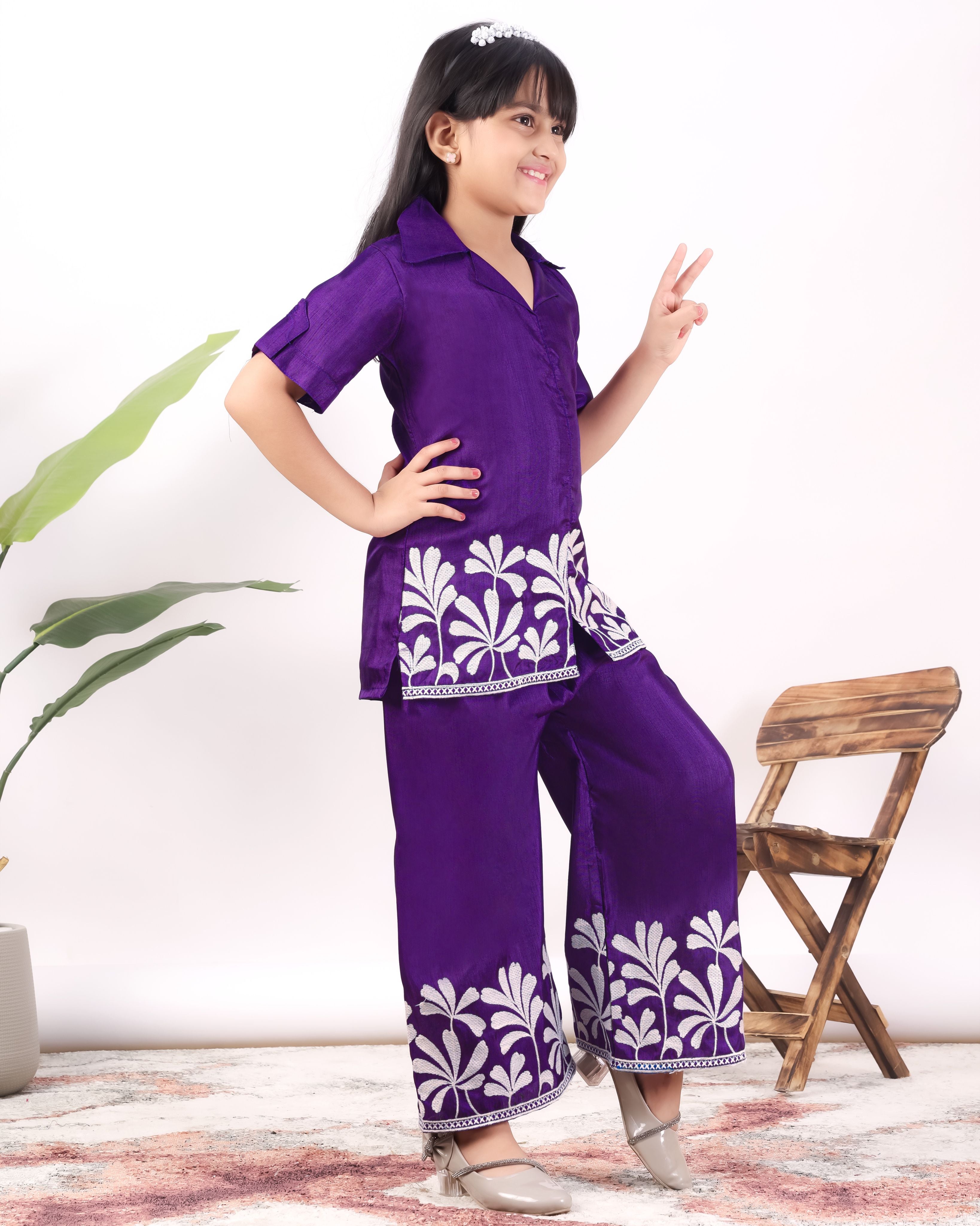 Girls Embroidered Co-Ord Set with Wide Leg Pants | Premium Party & Festive Wear for Kids