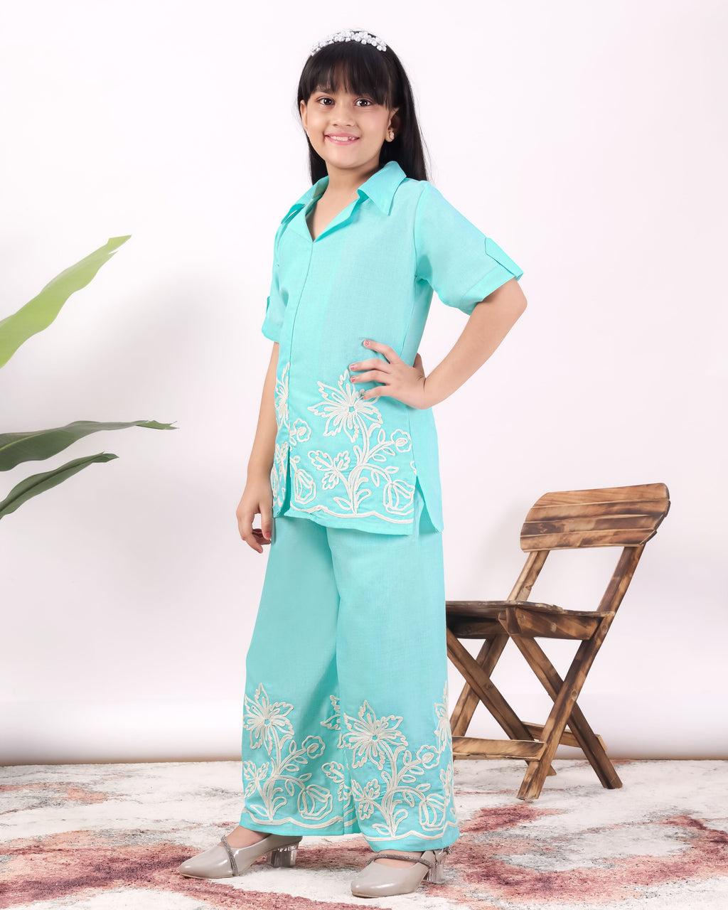 Girls Floral Embroidered Co-Ord Set with Palazzo Pants | Stylish Kids Party Wear