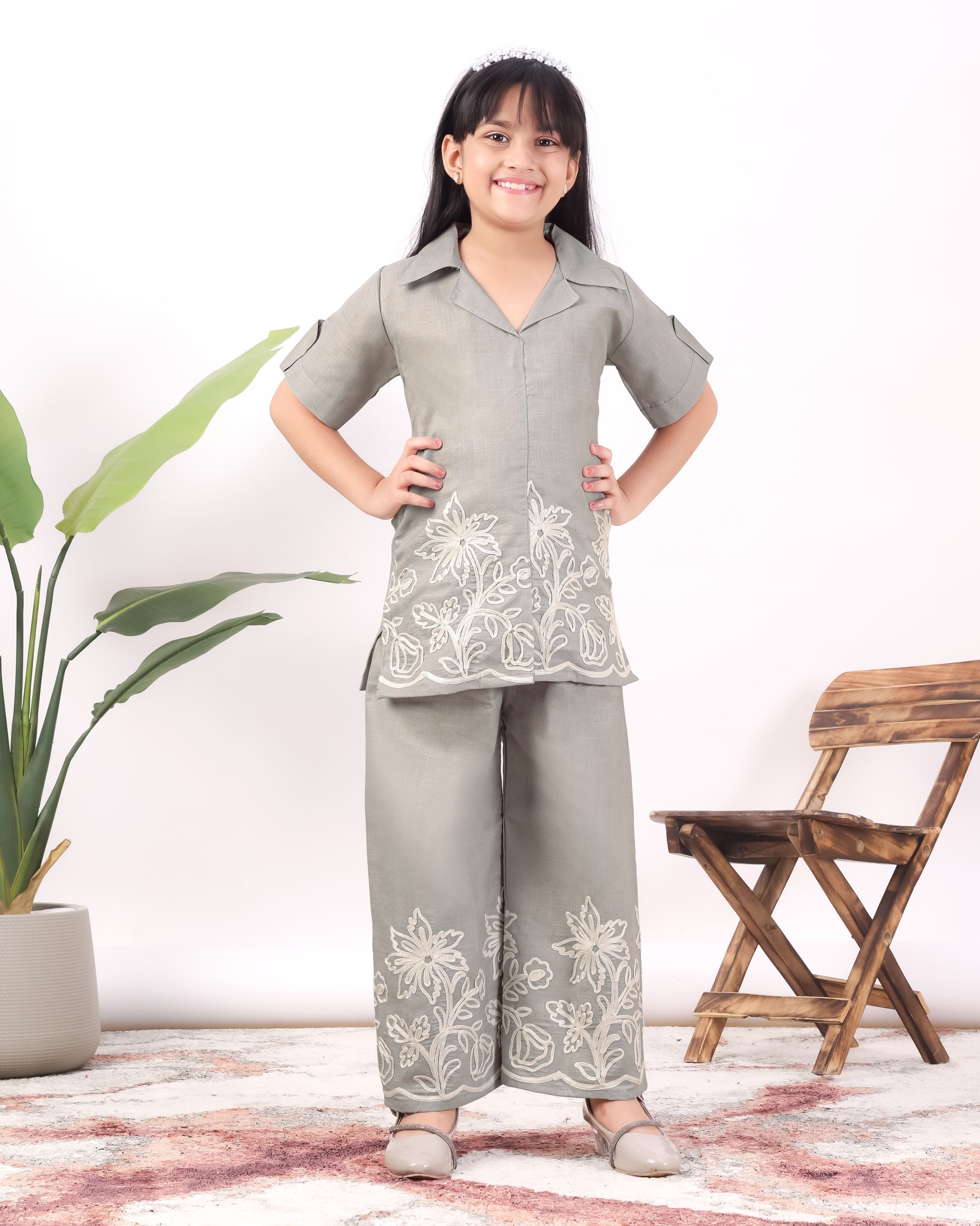 Girls Floral Embroidered Co-Ord Set with Palazzo Pants | Stylish Kids Party Wear