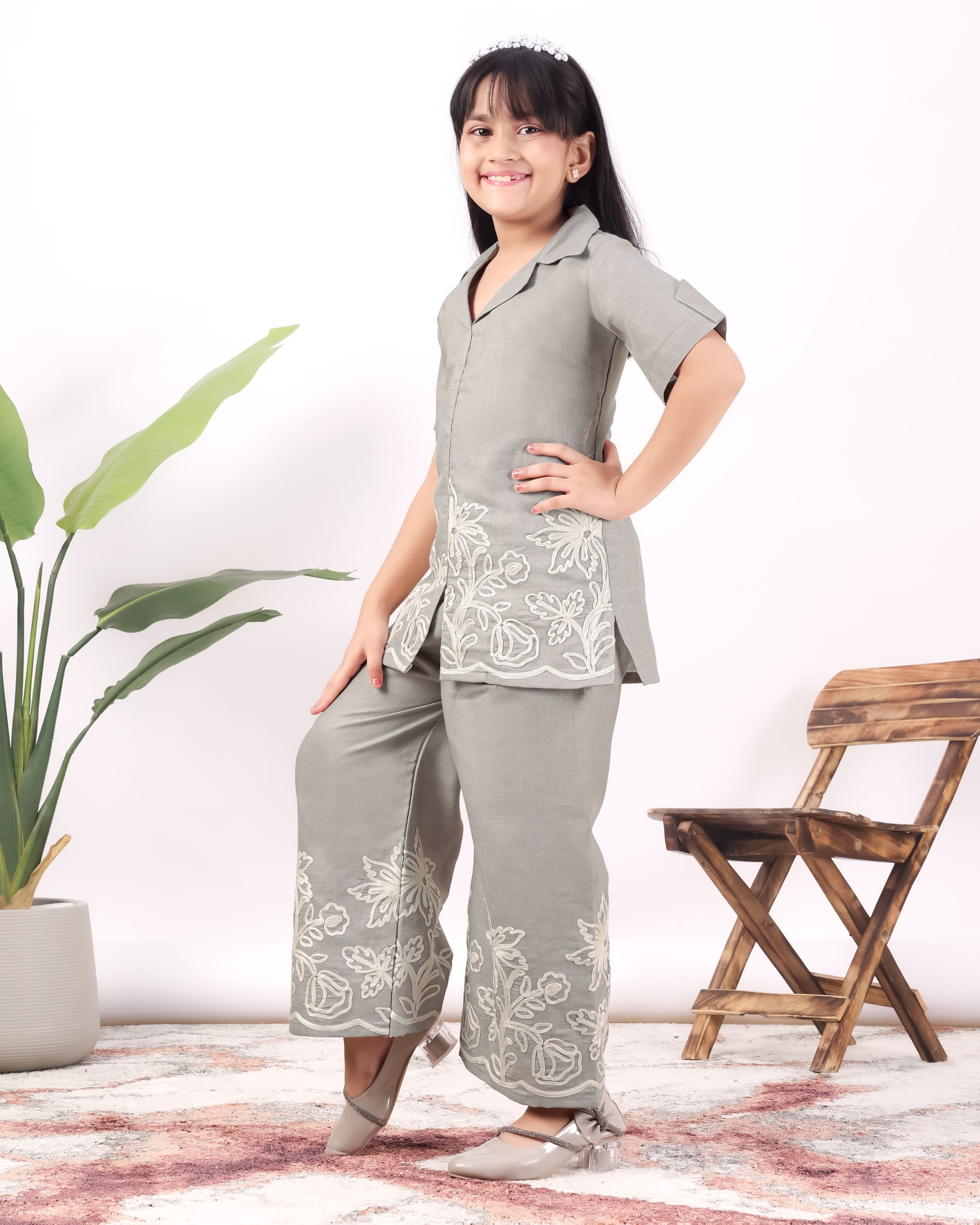 Girls Floral Embroidered Co-Ord Set with Palazzo Pants | Stylish Kids Party Wear
