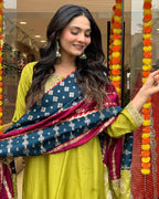 Lime Green Kurta Set with Contrast Dupatta – Festive & Party Wear