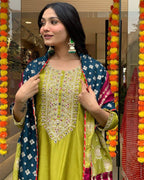 Lime Green Kurta Set with Contrast Dupatta – Festive & Party Wear